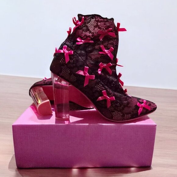 Sugar Thrillz Lace Booties | Pink Stretch Transparent Heel Bow Accent 7 - Picture 9 of 14